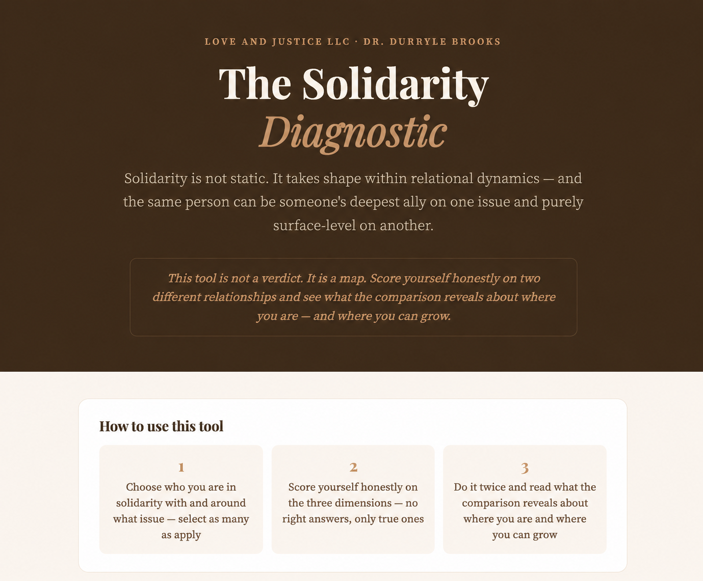 Web page titled "The Solidarity Diagnostic" with the subtitle "Love and Justice LLC - Dr. Durryle Brooks." The page explains that solidarity takes shape within relational dynamics and offers a tool to assess personal growth in relationships. The lower section provides instructions on how to use the tool, including choosing who you are in solidarity with, honestly scoring yourself, and comparing results.