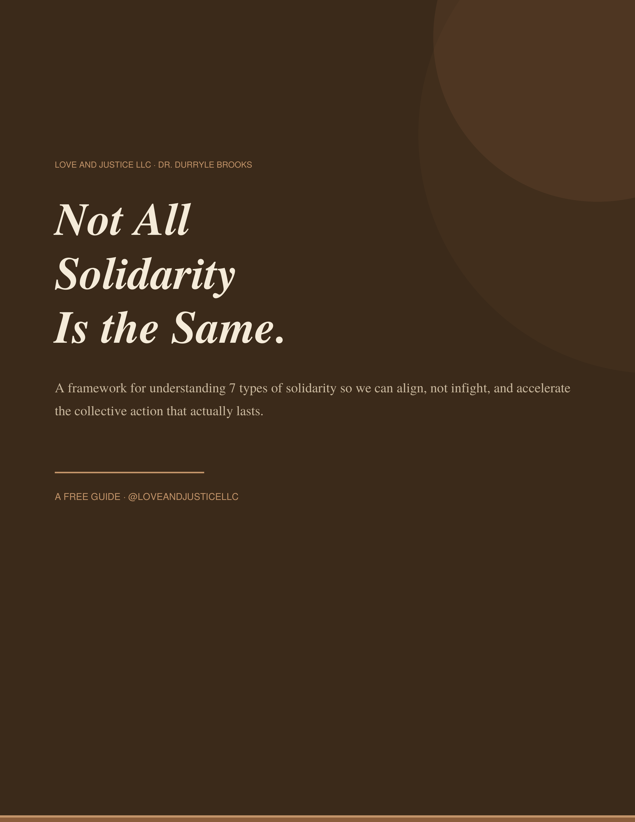 A digital graphic with a dark brown background featuring the phrase "Not All Solidarity Is the Same" in large, italicized, cream-colored text. Smaller text below describes a framework for understanding different types of solidarity.