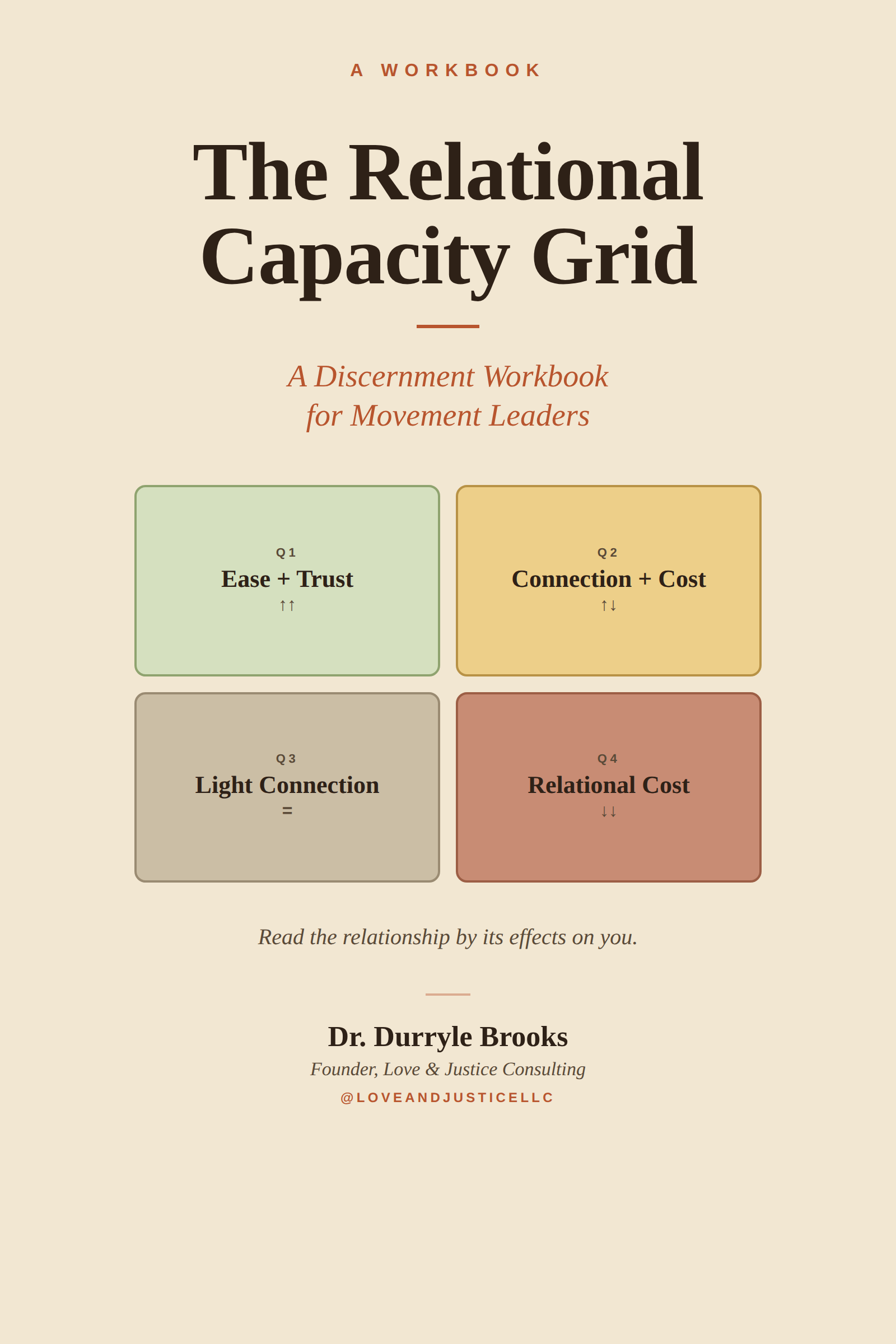 Cover page of a workbook titled "The Relational Capacity Grid" with sections on Ease + Trust, Connection + Cost, Light Connection, and Relational Cost, by Dr. Durryle Brooks, founder of Love & Justice Consulting, with social media handle @loveandjusticeLLC.