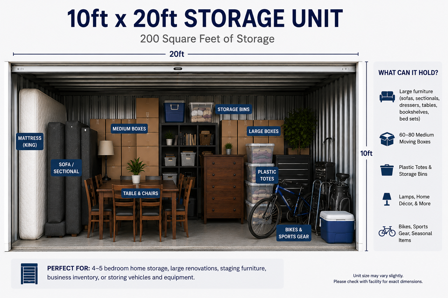 A diagram of a 10ft by 20ft storage unit filled with furniture, boxes, storage bins, bikes, and other items, showing suggested storage arrangements.