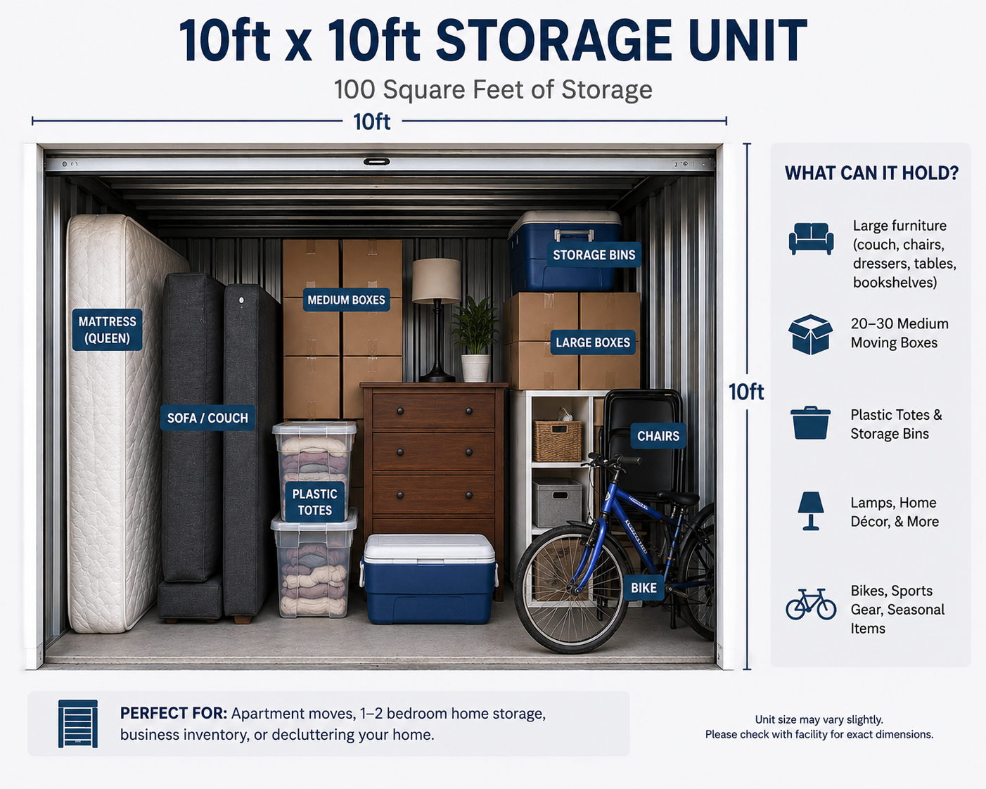 Diagram of a 10ft by 10ft storage unit filled with furniture, boxes, and household items, including a mattress, sofa, medium and large boxes, storage bins, a lamp, chairs, a bicycle, and a plastic tote.