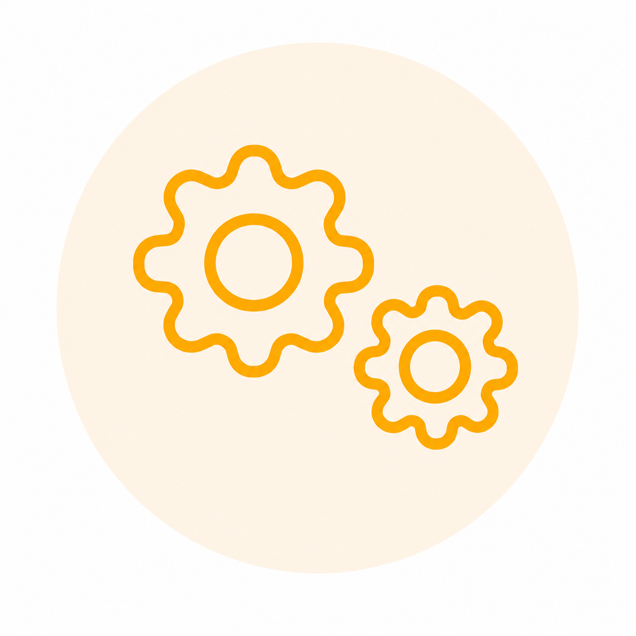 Two orange gears on a light beige circular background.