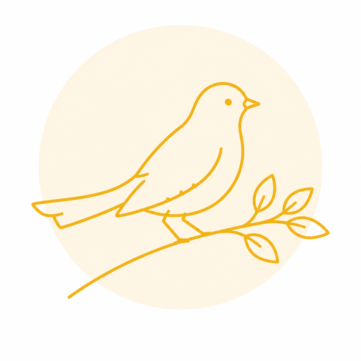 A simple line drawing of a bird sitting on a branch with leaves, set against a light beige circular background.