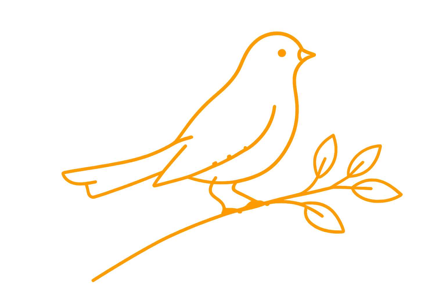 A minimalist line drawing of a bird perched on a branch with leaves, depicted in orange on a black background.