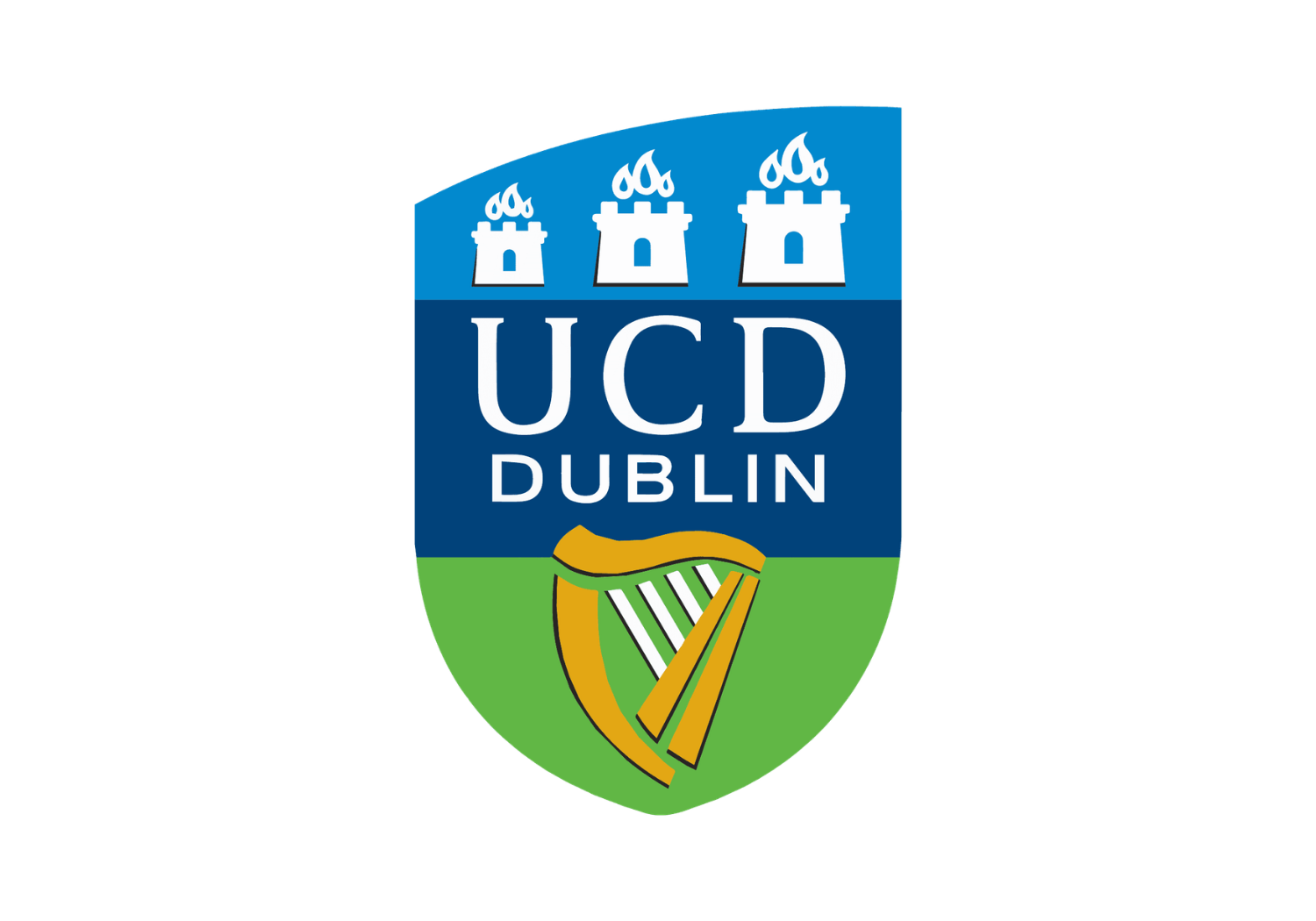 UCD Dublin logo with three castle towers at the top, the text 'UCD Dublin' in the middle, and a harp symbol at the bottom with a green background.