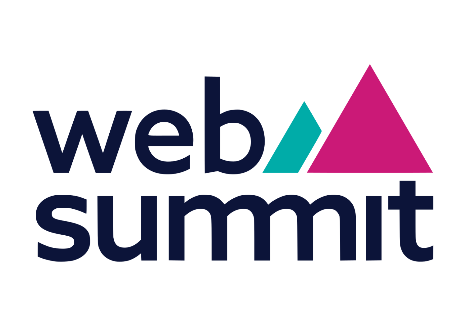 Web Summit logo with the words 'web' and 'summit' in lowercase, dark blue font. Above the text are geometric shapes: a small teal parallelogram and a larger pink triangle, forming part of the logo design.