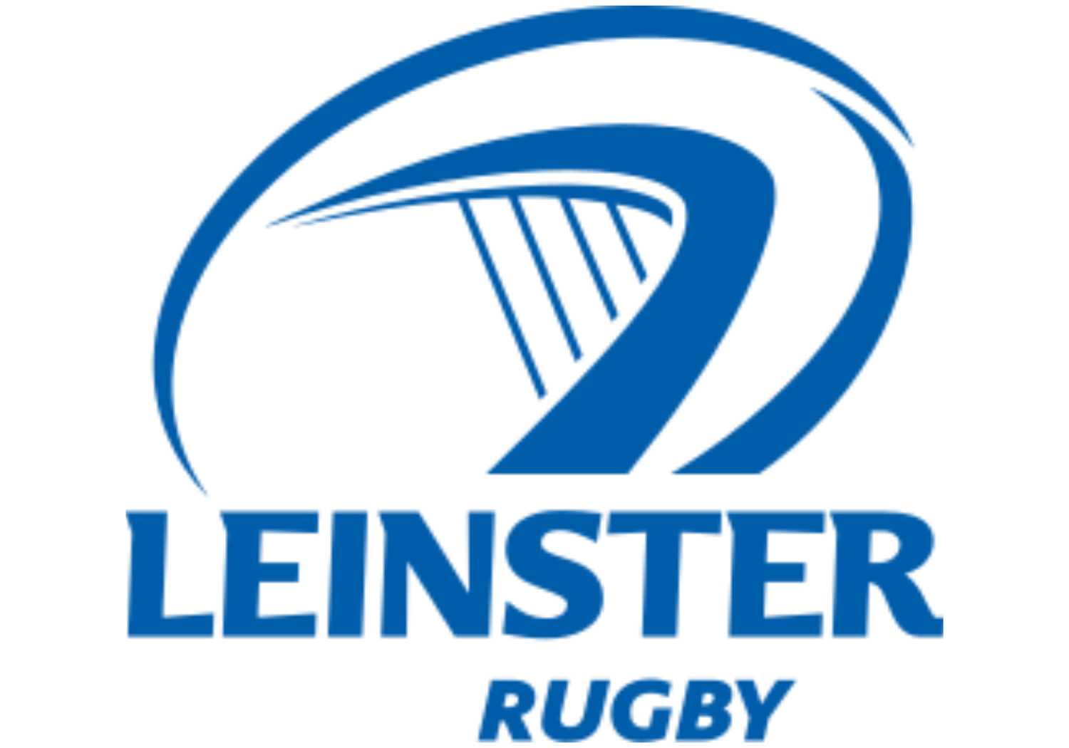 Leinster Rugby logo featuring a stylized blue rugby ball with a swoosh, and the text 'Leinster Rugby' in blue.
