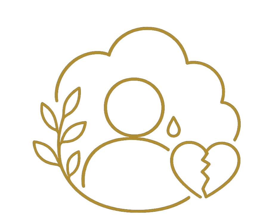 A line drawing of a person with a cloud behind, a leaf on the left, a teardrop near the face, and a broken heart on the right side.