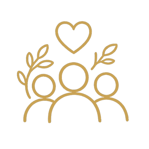 A minimalist line drawing of three people with a heart above them and decorative leaves, symbolizing family or community love and connection.