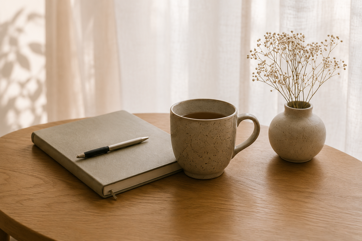 Warm, inviting counselling therapy space with a notebook, pen, mug and vase of dried flowers on a wooden table