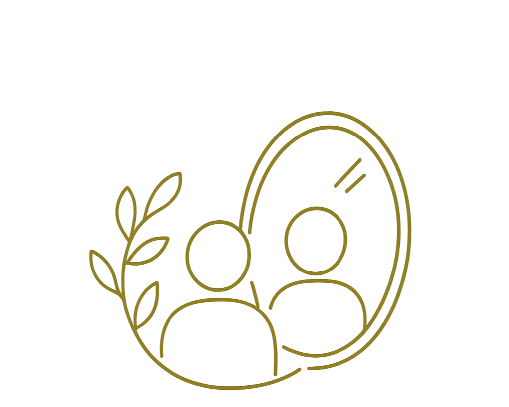 Line drawing of a mirror with two simple human figures' reflections and a decorative branch with leaves.