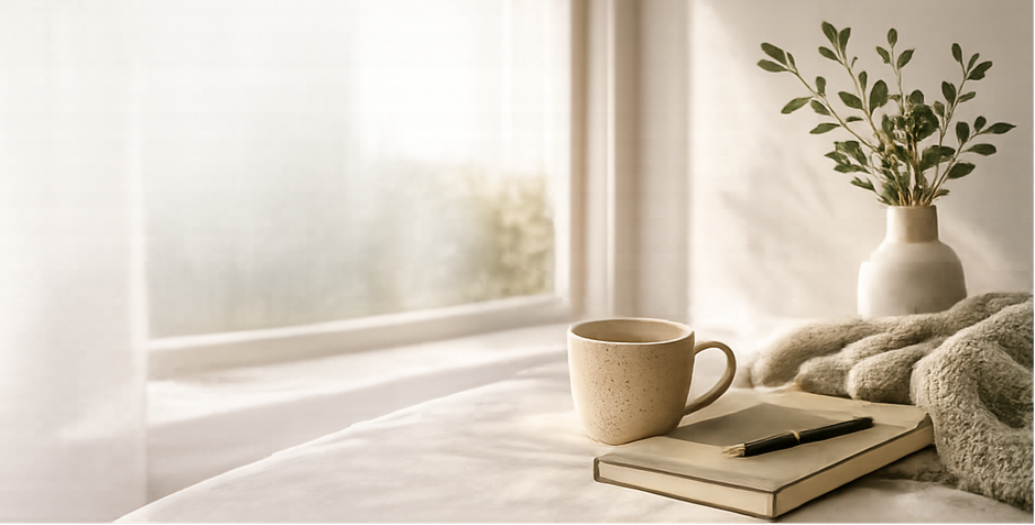 A cozy bedroom scene with a window allowing natural light, a beige ceramic mug, a closed notebook with a pen on top, and a white vase with green leafy branches on a bed with soft blanket.