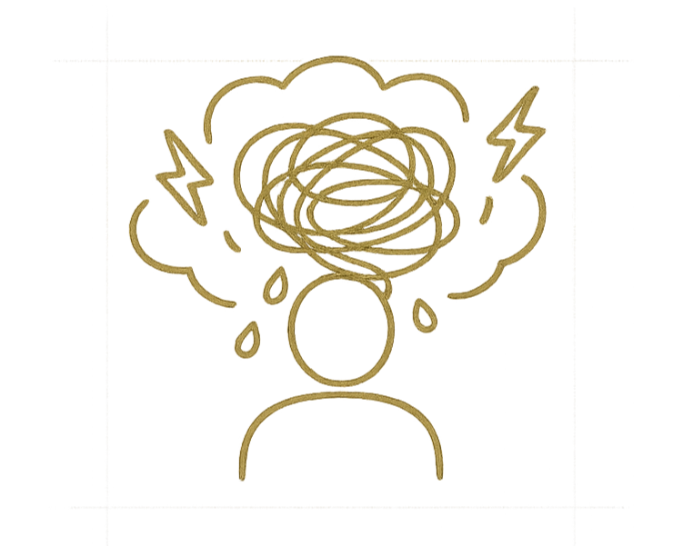 Drawing of a person's head with a scribbled cloud of confusion or frustration, rain drops, and lightning bolts indicating anger or stress.