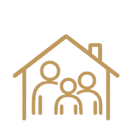 Icon of a house with three people inside, representing a family or household.