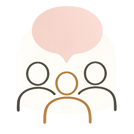Simple illustration of three people with a large pink speech bubble above them.