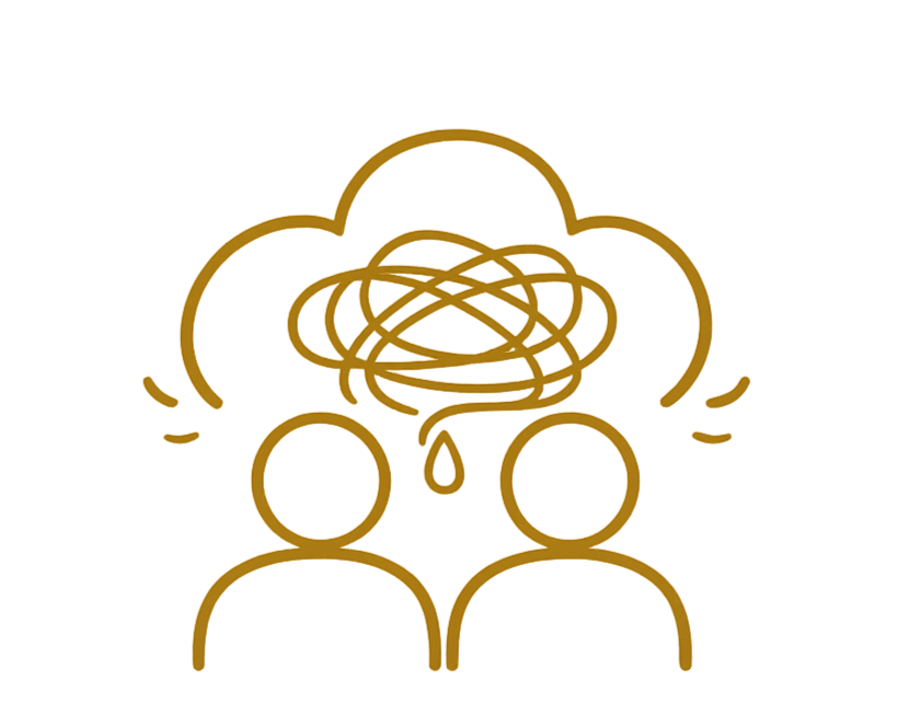 Illustration of two people with a cloud of tangled lines above their heads, indicating confusion or stress.