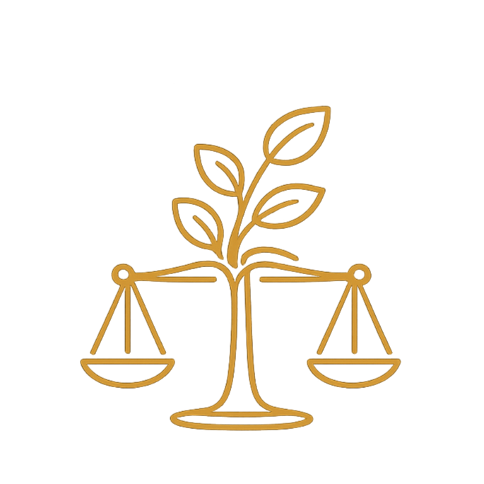 A gold-colored symbol combining a plant with leaves growing from the scale of justice, which has two balanced pans.