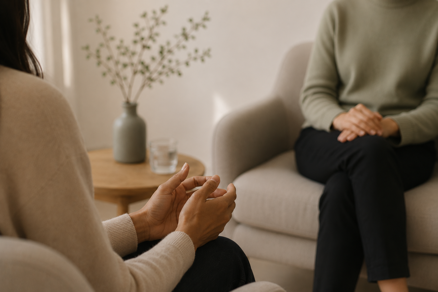Two women engaged in a conversation; one sitting with hands folded on lap, the other gesturing with hands.