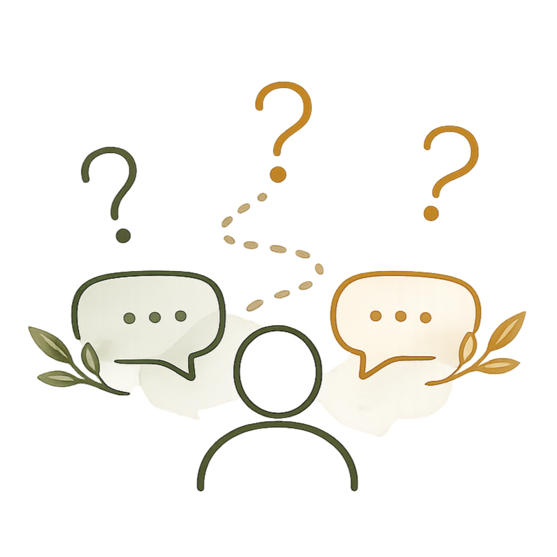 A person with two speech bubbles, one green and one orange, both containing three dots, indicating conversation or communication.