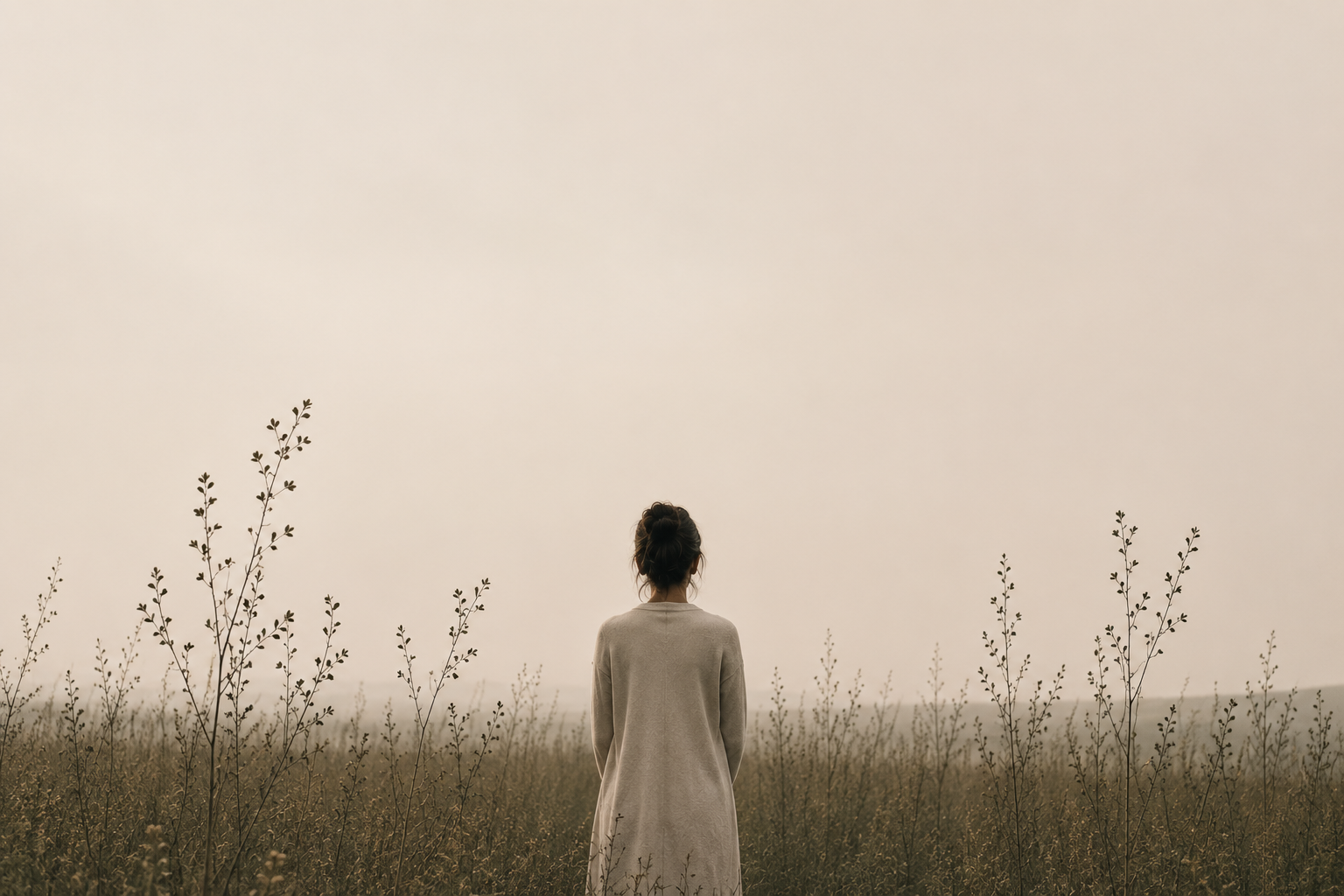 Person standing alone in a peaceful natural landscape, reflecting on identity and personal growth