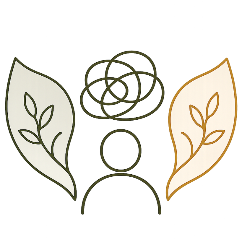 Abstract line art illustration of a human figure with a brain made of tangled lines and two large leaves on either side, one green and one beige with brown outlines.