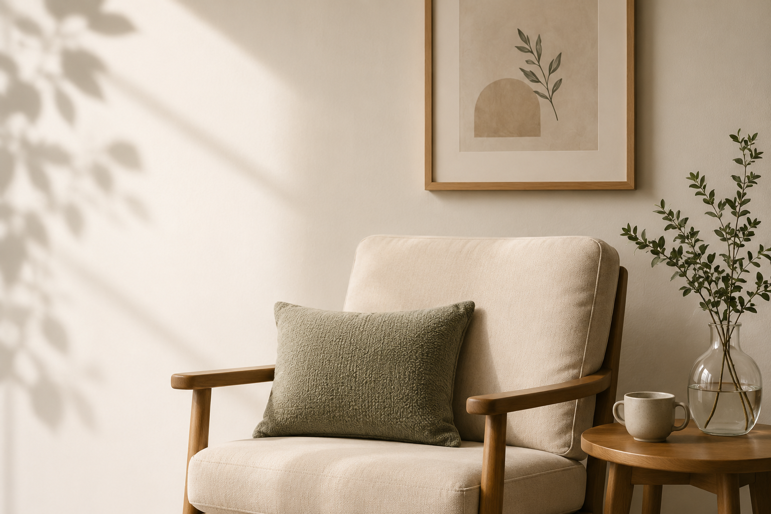 Warm, welcoming counselling therapy room with a comfortable armchair, soft natural light and calming décor