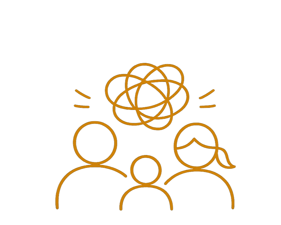 Line drawing of three people with a tangled mess above and exclamation marks near the heads, indicating confusion or disagreement.
