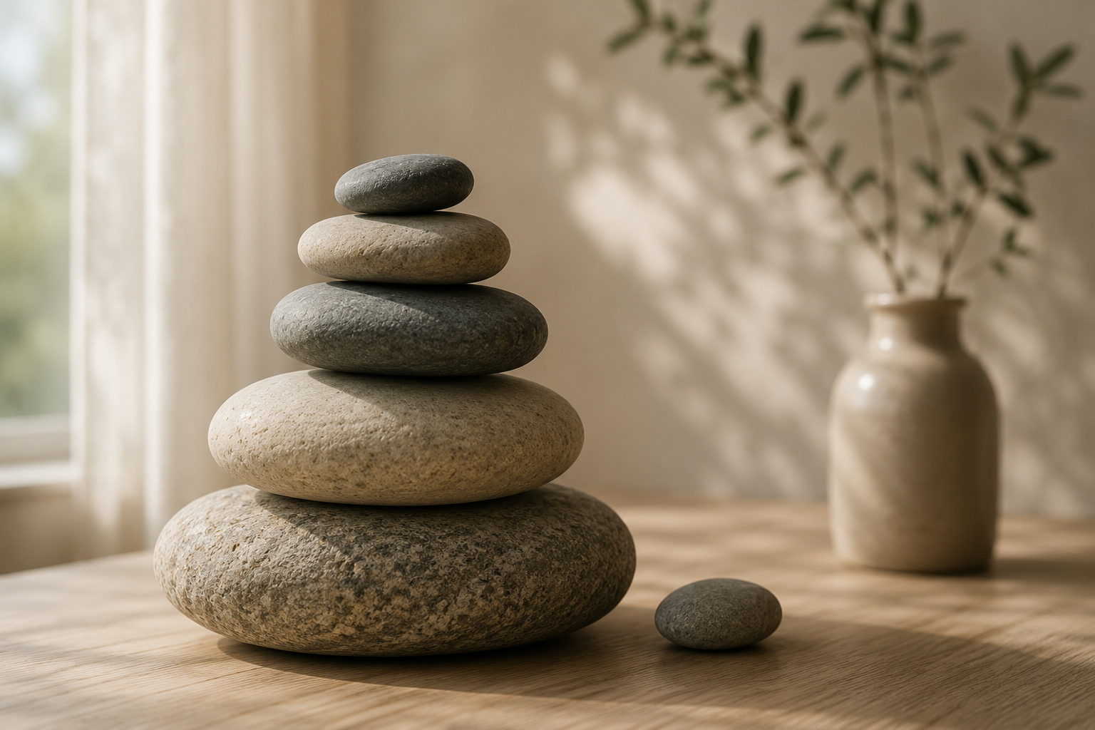 A stack of six smooth stones of varying sizes and colors on a wooden surface, with another small stone beside them, and a vase with leafy branches in the background.