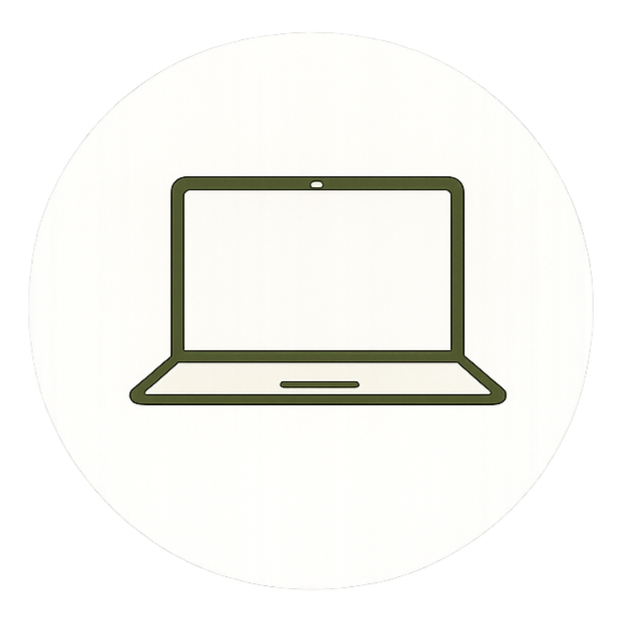 Line drawing of a laptop computer in front of a white circular background.