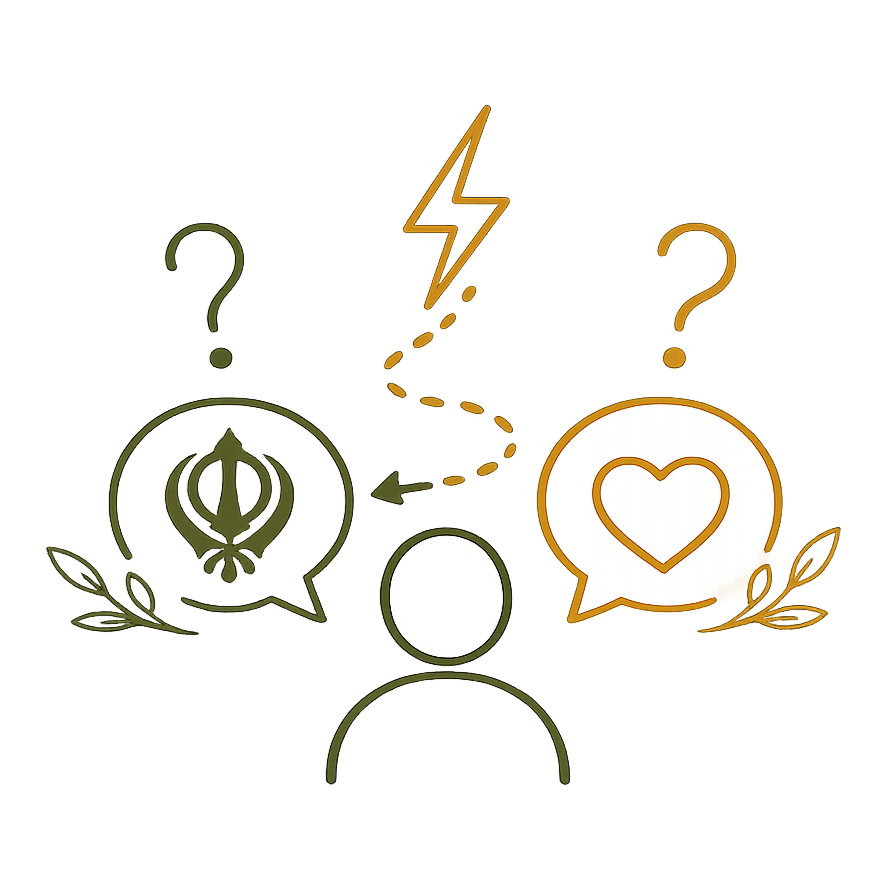 A diagram with two speech bubbles, one with a symbol resembling a religious or spiritual icon and the other with a heart, connected by a lightning bolt and dashed arrow, with a person icon below and question marks on each side.