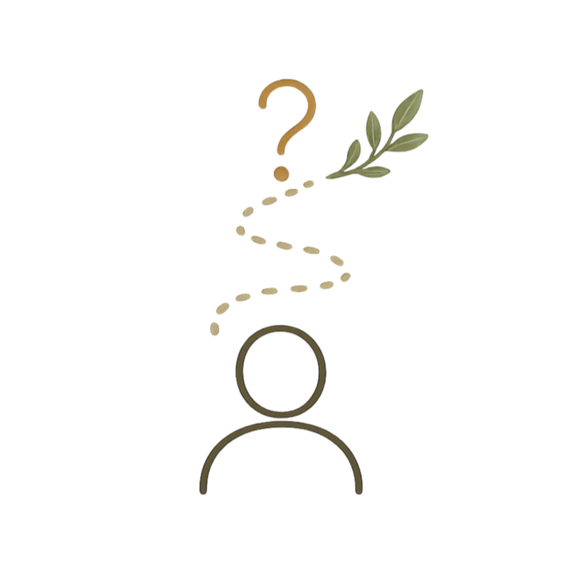 A silhouette of a person with colored horizontal bars above their head, a gold question mark, a green leaf, and a speech bubble with a multicolored outline, symbolizing questioning or seeking information.