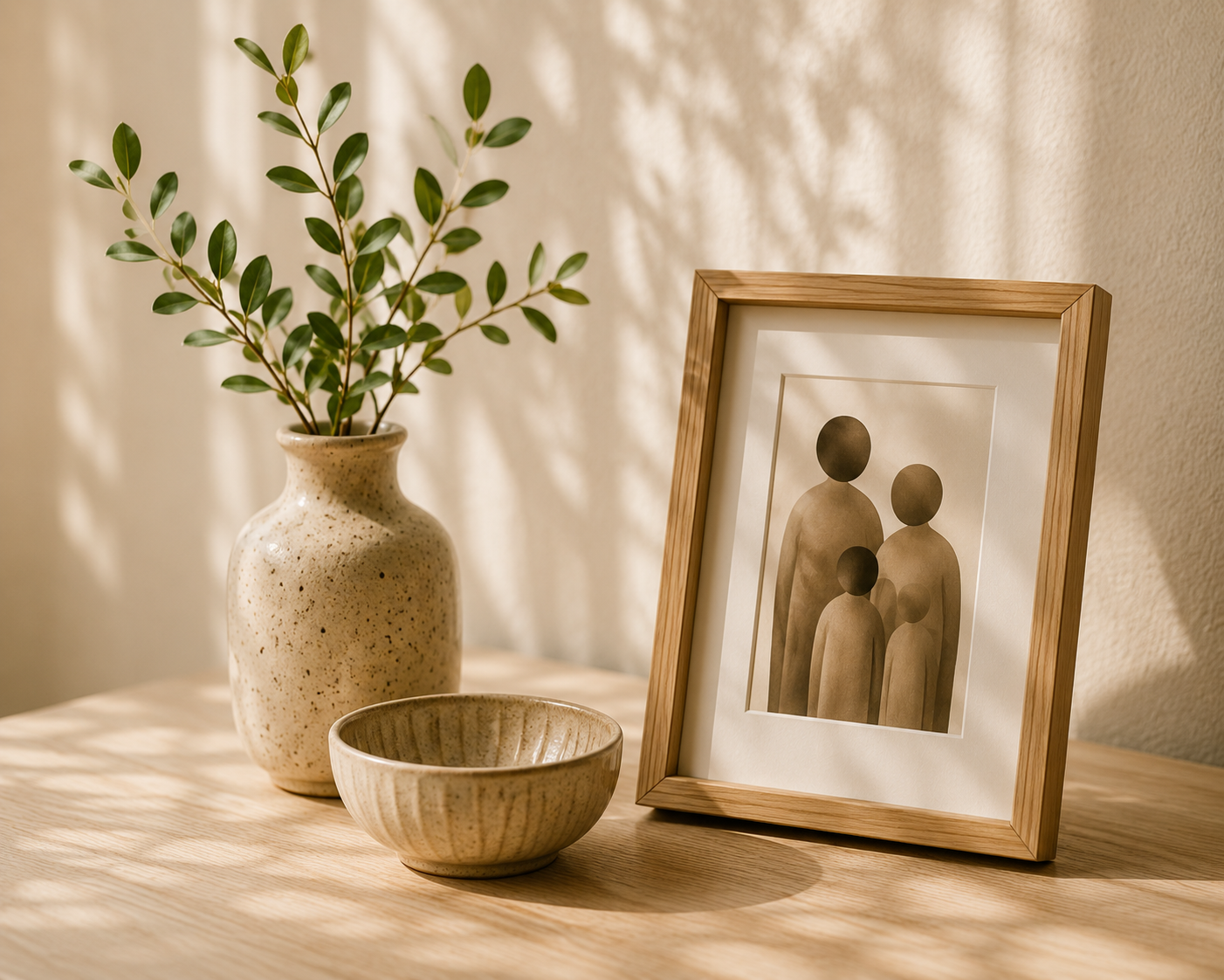 A vase with green leafy branches, a framed artwork of abstract human figures, and a small ceramic bowl on a light wood surface.