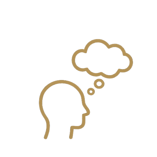 A simple line drawing of a person's profile with a thought bubble above their head.