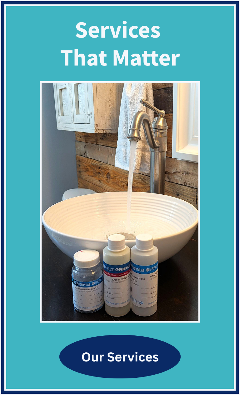 Services That Matter – Water quality testing sample bottles on vanity with running faucet.