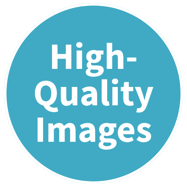 Turquoise circular label with white text that reads 'High-Quality Images.'