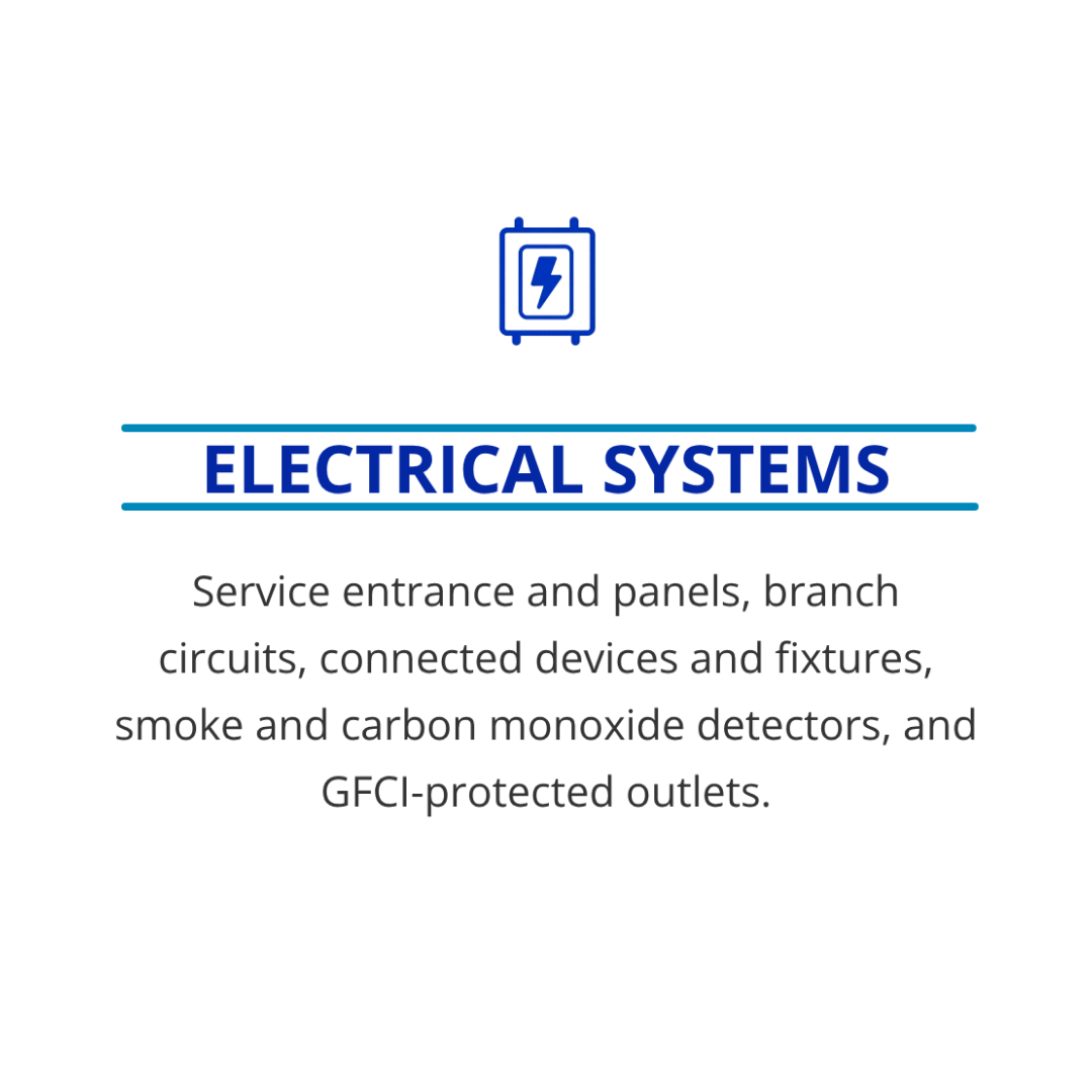 Electrical Systems: Service entrance and panels, brand circuits, connected devices and fixtures, smoke and carbon monoxide detectors, and GFCI-protected outlets. 