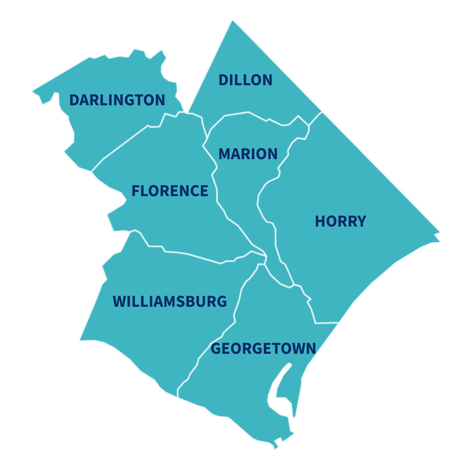 Outline map of Palmetto Moon’s 7-county service area: Horry County, Georgetown County, Florence County, Marion County, Dillon County, Darlington County, and Williamsburg County.