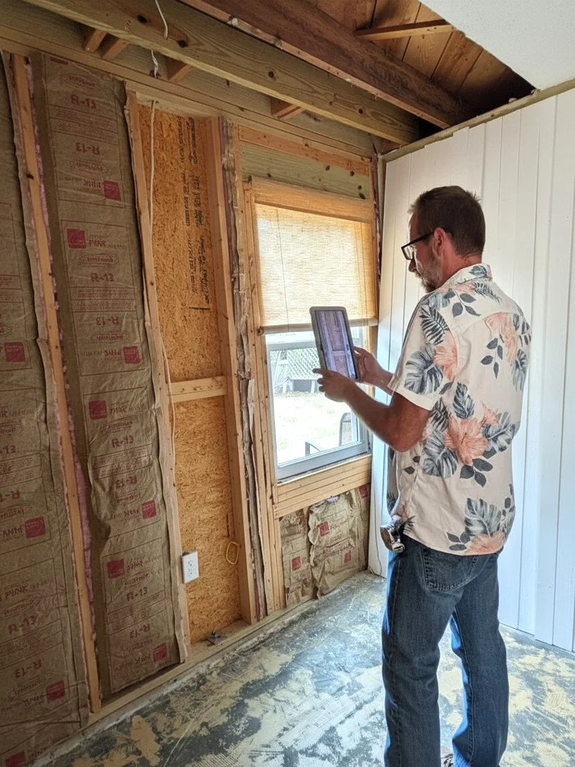 Inspector documenting pre-drywall framing and insulation with tablet.