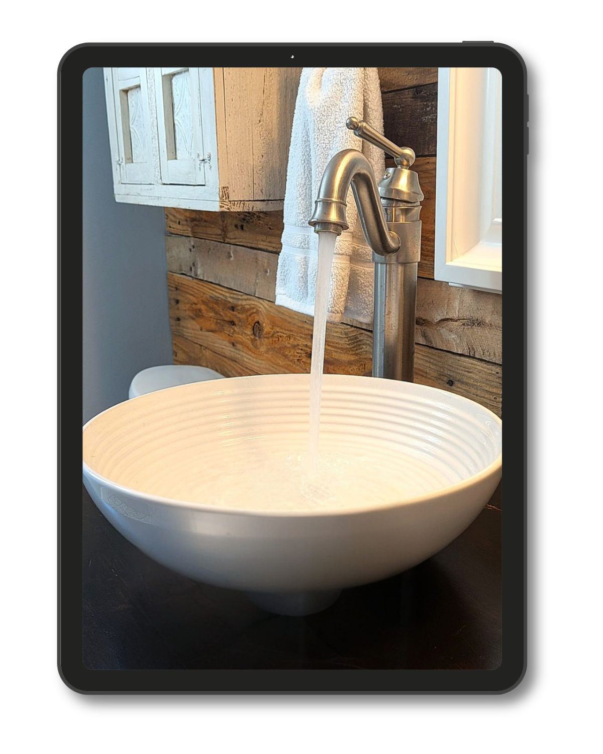 Water quality testing with running faucet in bathroom.