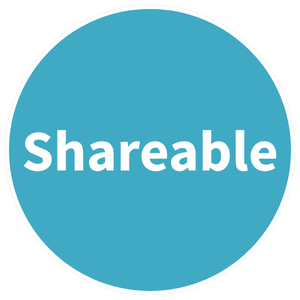Turquoise circular label with white text that reads 'Shareable.'