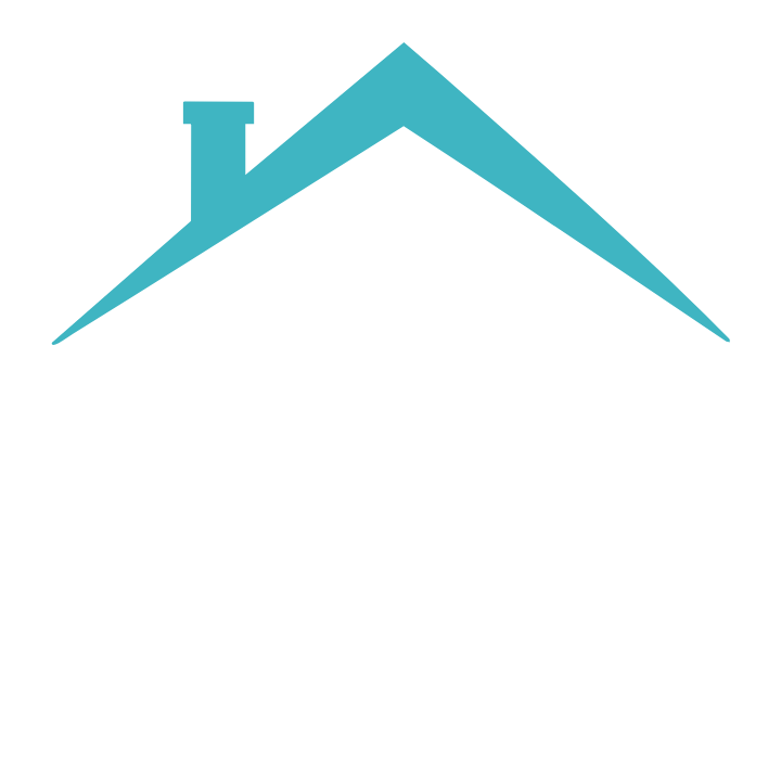 A logo featuring a white palmetto tree, encircled by a white crescent moon, both beneath an light teal colored roof with a chimney, all set against a navy blue background.