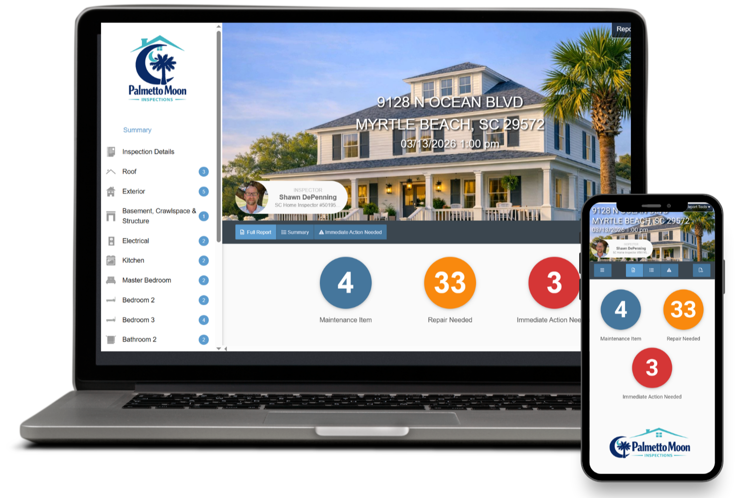 Sample home inspection report displayed on laptop and mobile devices, showing property photo and color-coded defect categories by severity.