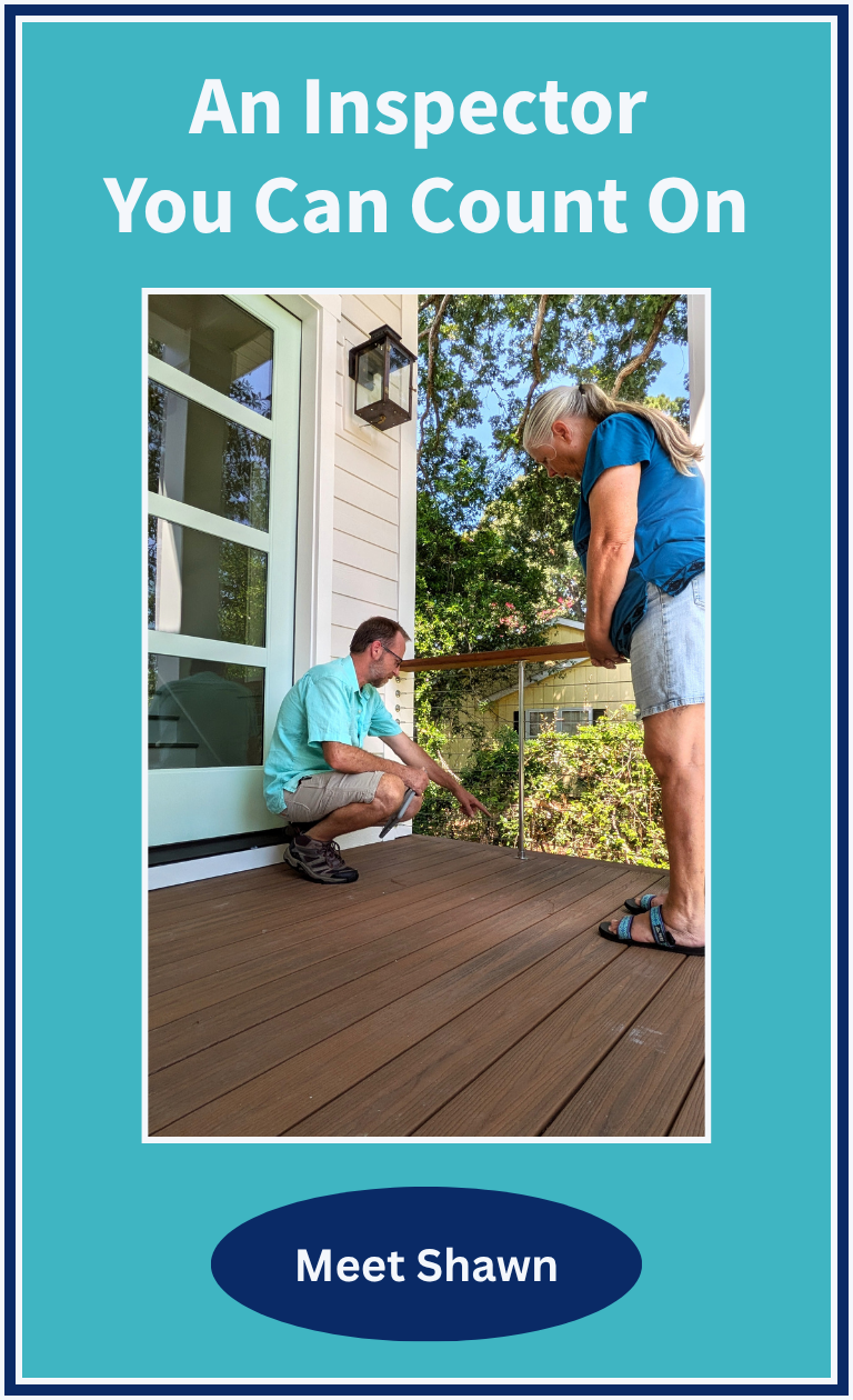 An Inspector You Can Count On – Home inspector consulting with homeowner on front porch.