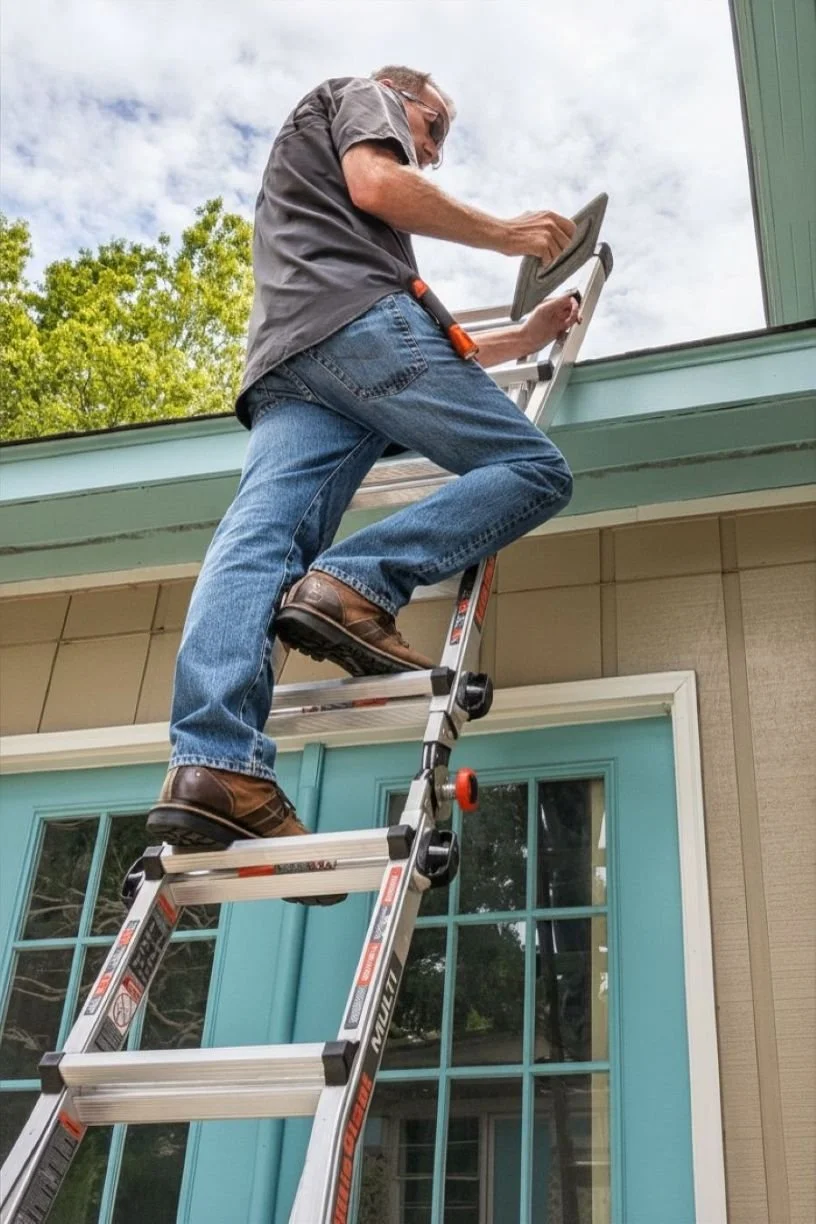 Palmetto Moon home inspector Shawn DePenning on an extension ladder inspecting roof flashing.