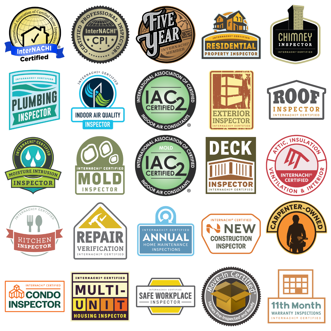 Collection of InterNACHI professional credentials and certification badges earned by Shawn DePenning, highlighting specialized qualifications including mold, indoor air quality, and condo inspections.