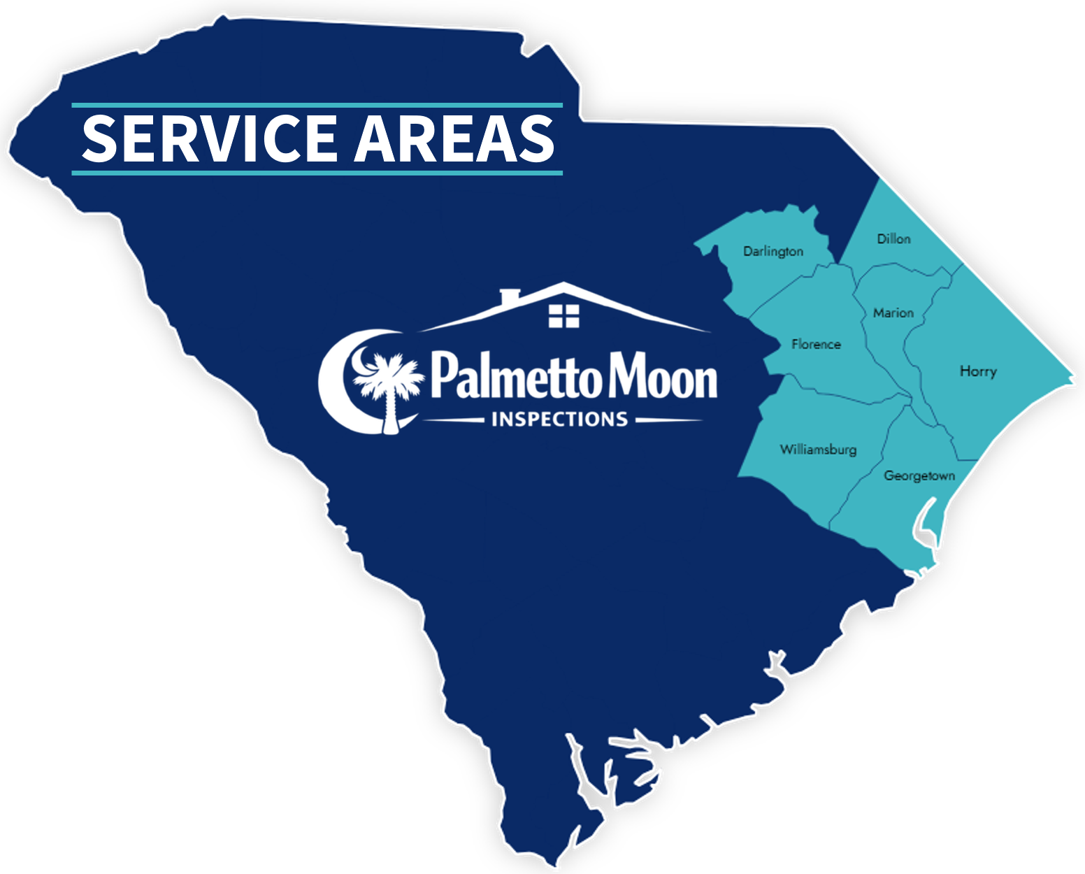 Outline map of South Carolina highlighting seven-county service area.