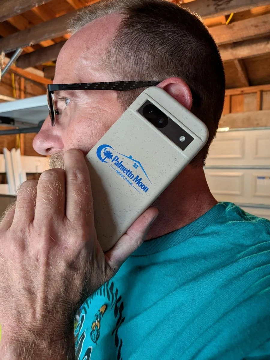 Palmetto Moon home inspector on phone call with client, reviewing digital inspection report.