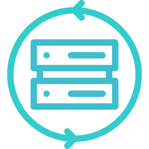 Outline of a database server with a surrounding circular arrow, representing data backup or synchronization.