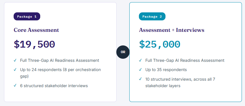 Comparison of two assessment packages: Package 1 costs $19,500 and includes a full three-gap AI readiness assessment with up to 24 respondents and six stakeholder interviews; Package 2 costs $25,000 and includes the same assessment plus interviews, with up to 35 respondents and 10 stakeholder interviews.