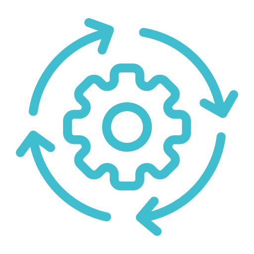 Gear inside a circular flow diagram with three arrows indicating continuous process or cycle.